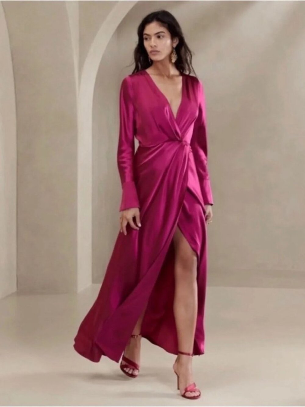 Banana Republic Etude Silk Faux Wrap Gown Maxi Dress In Bright Berry
